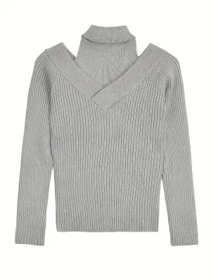 Reversible Chic Off-Shoulder Knit Sweater - Soft Stretchy Polyester Blend, Casual Long Sleeve Pullover for Women, Perfect for Spring/Fall, Versatile and Cozy Wear for Daily Life, Outdoor Activities, and Layering