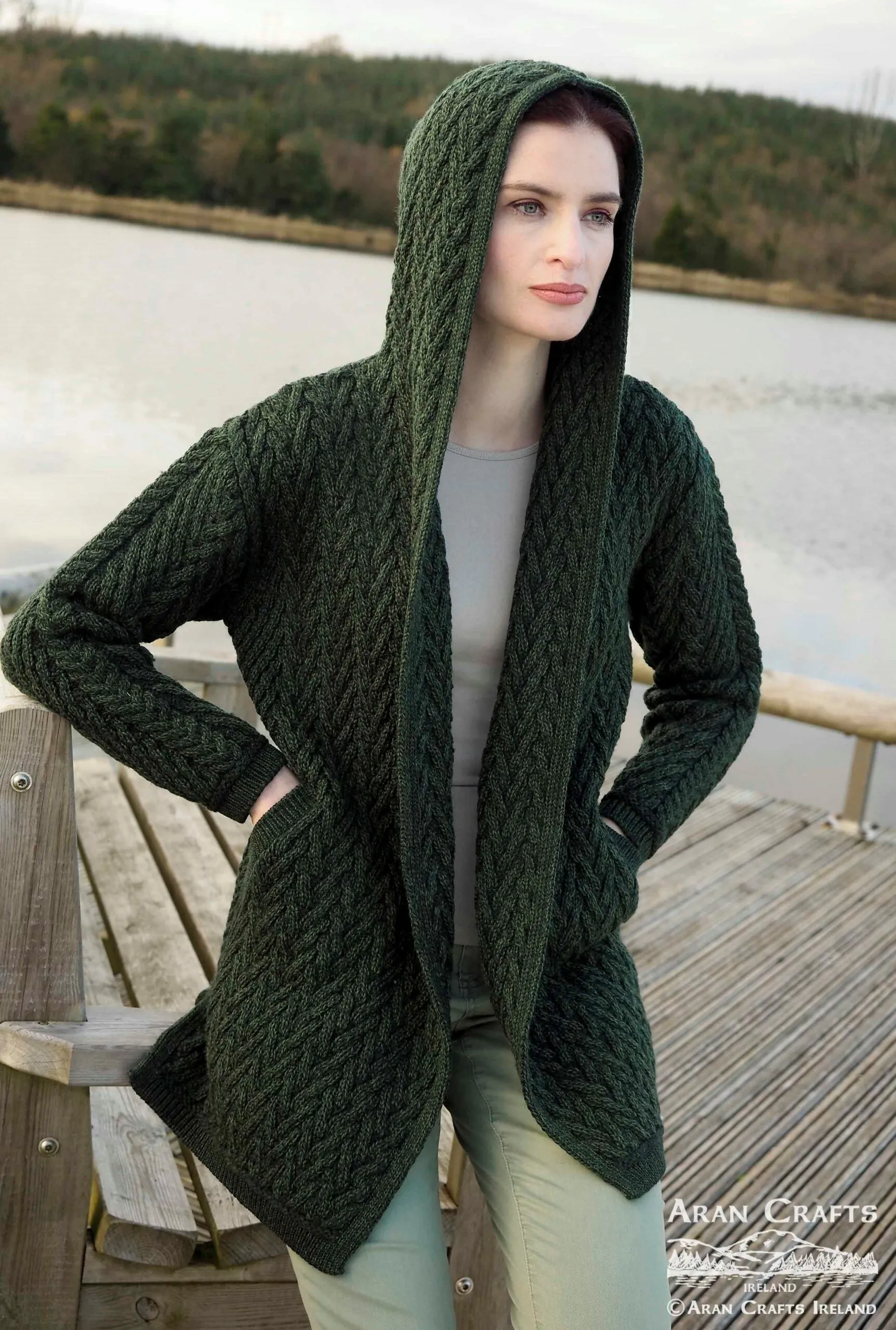 Shawl Hooded Aran Cardigan | Green