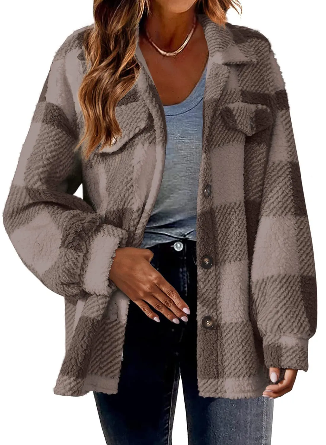 Turndown Collar Plaid Jacket With Pockets