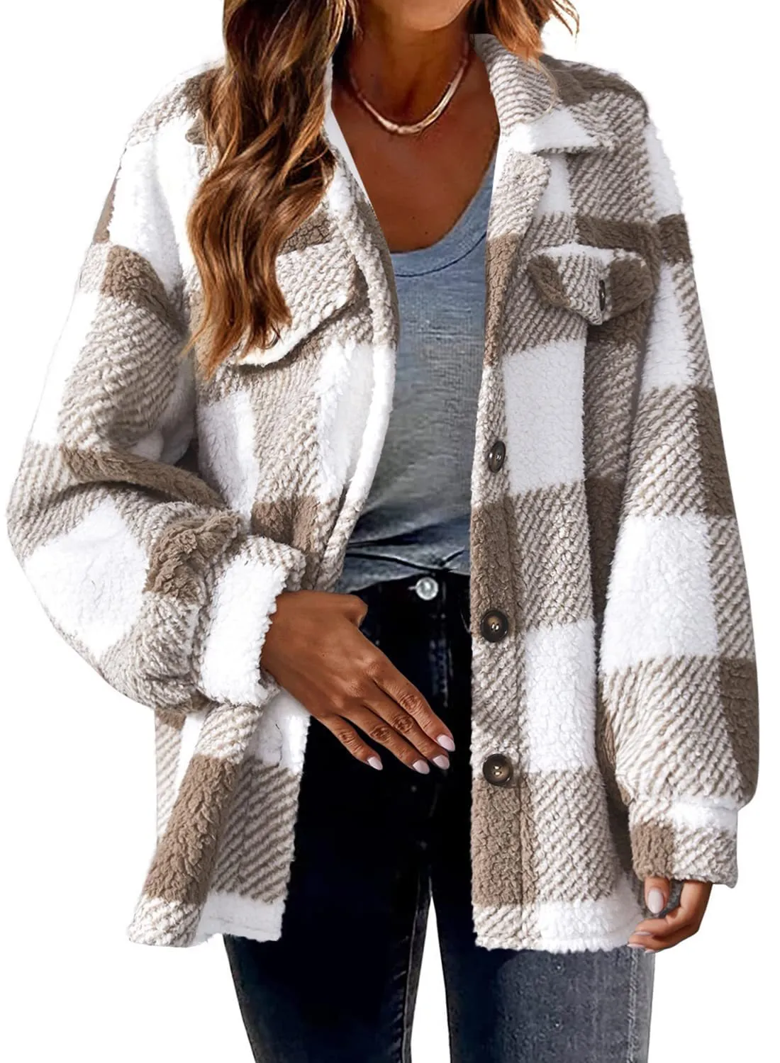 Turndown Collar Plaid Jacket With Pockets
