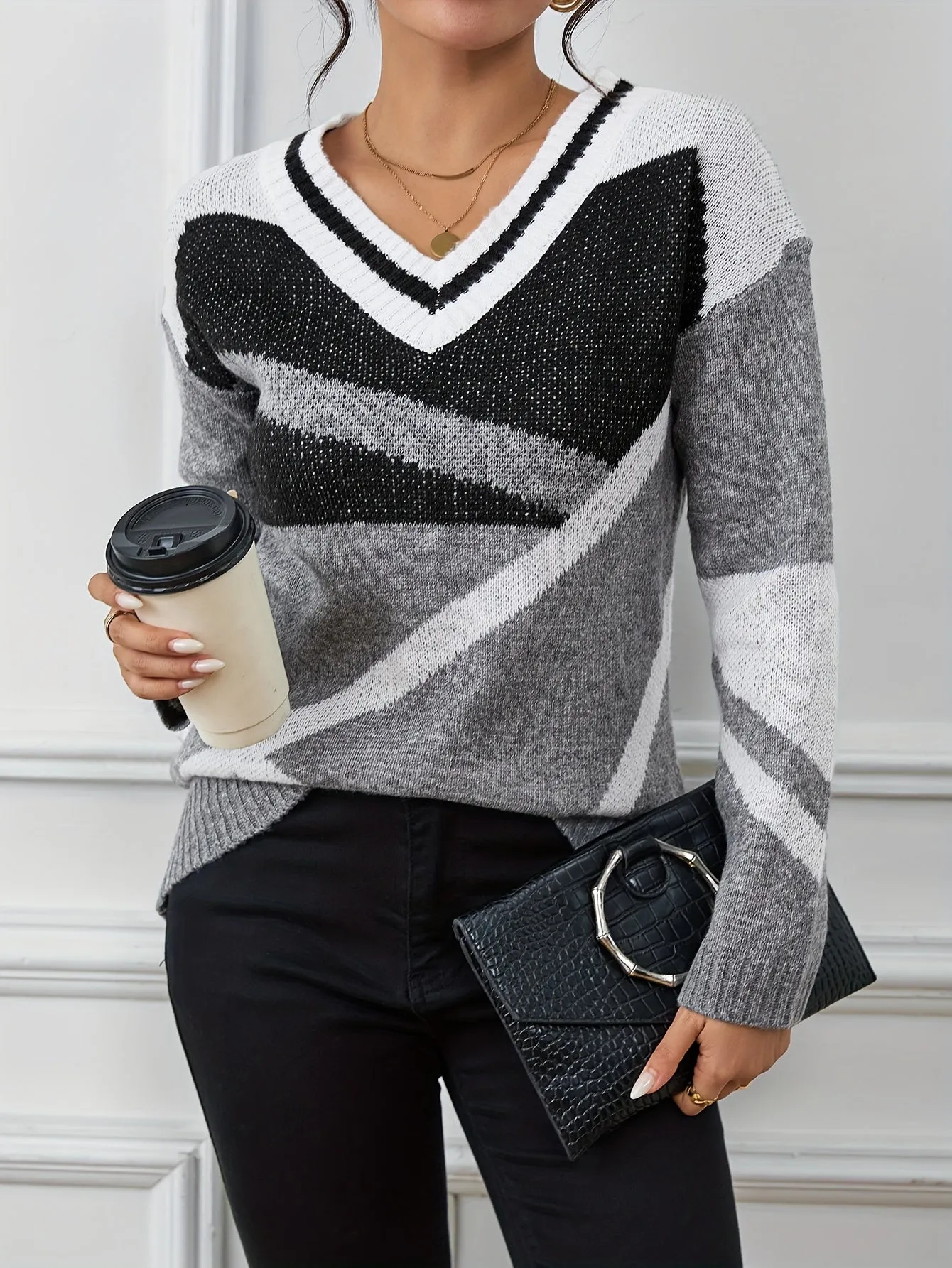 Vibrant Color Block Drop Shoulder Sweater - Stylish Pullovers for Women - Soft V Neck Long Sleeve Winter & Fall Fashion Clothing with Cozy Fit