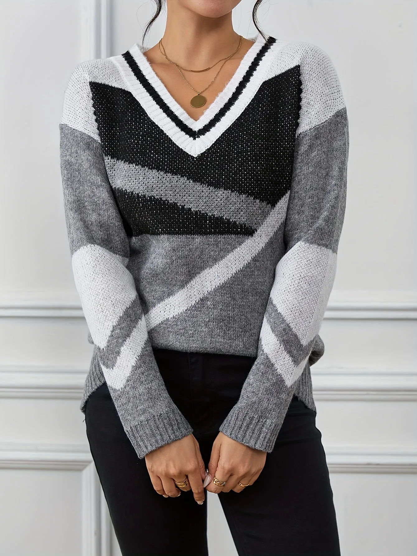 Vibrant Color Block Drop Shoulder Sweater - Stylish Pullovers for Women - Soft V Neck Long Sleeve Winter & Fall Fashion Clothing with Cozy Fit