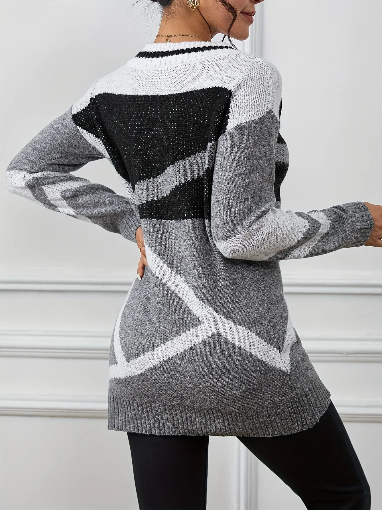 Vibrant Color Block Drop Shoulder Sweater - Stylish Pullovers for Women - Soft V Neck Long Sleeve Winter & Fall Fashion Clothing with Cozy Fit