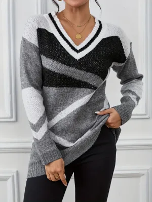 Vibrant Color Block Drop Shoulder Sweater - Stylish Pullovers for Women - Soft V Neck Long Sleeve Winter & Fall Fashion Clothing with Cozy Fit