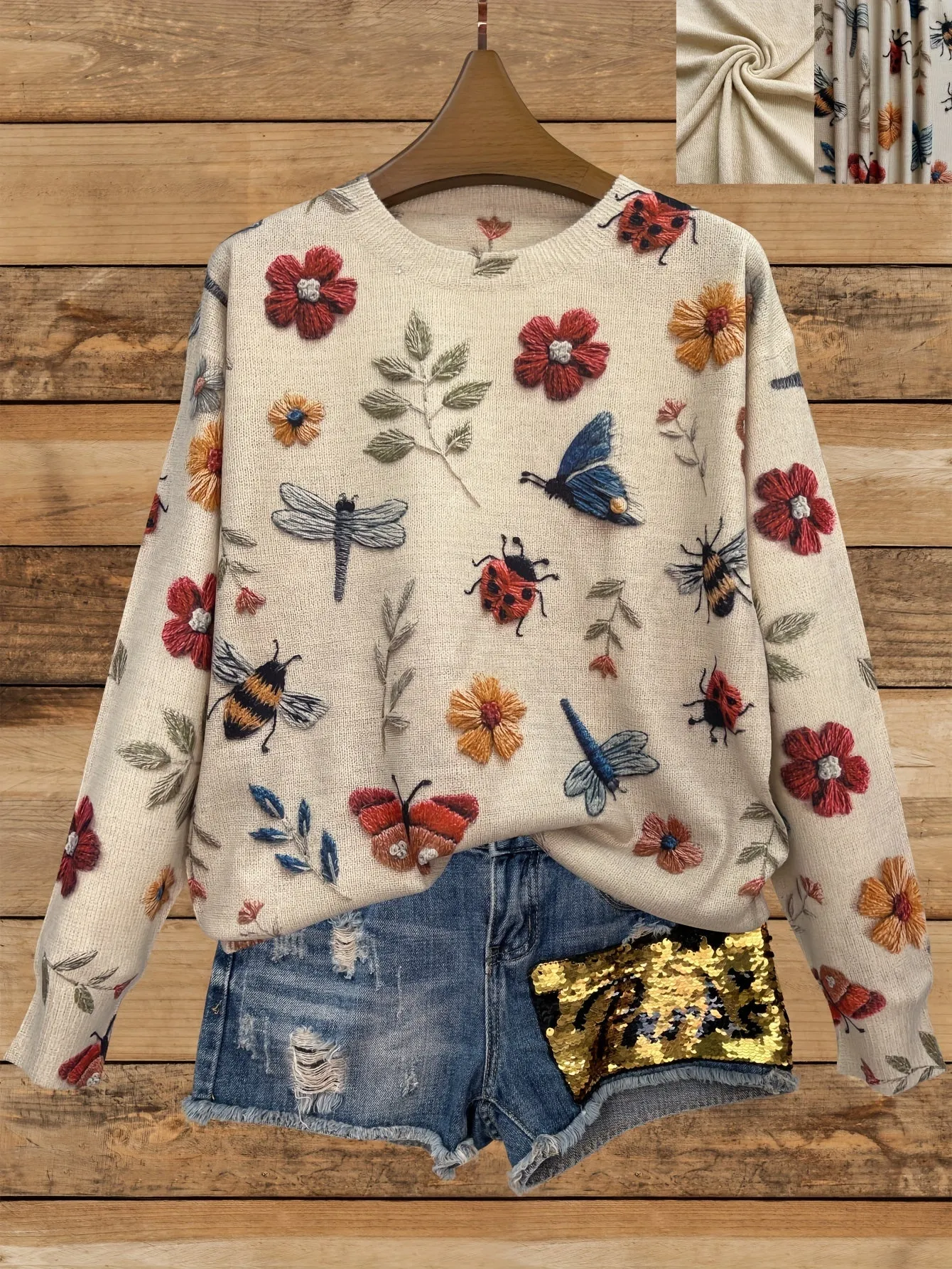 Vibrant Floral & Dragonfly Print Crew Neck Sweater - Women's Pullovers - Long Sleeve, Casual, Fall & Winter Essential, Soft, Cozy, and Stylish Clothing for Everyday Wear