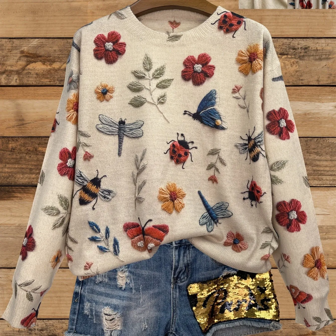 Vibrant Floral & Dragonfly Print Crew Neck Sweater - Women's Pullovers - Long Sleeve, Casual, Fall & Winter Essential, Soft, Cozy, and Stylish Clothing for Everyday Wear