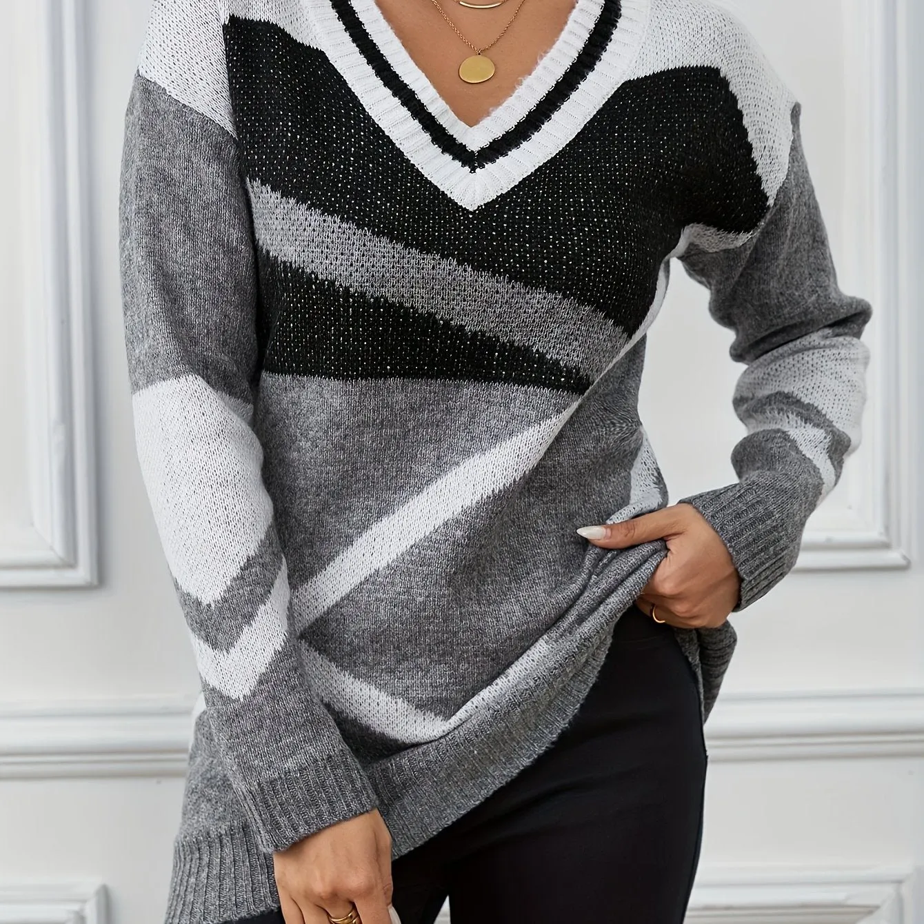 Vibrant Geo Print Color Block Long Sleeve Sweater - Pullovers - Stylish V Neck, Versatile, Soft, and Cozy for Spring & Fall, Women's Fashion Clothing for Everyday Wear