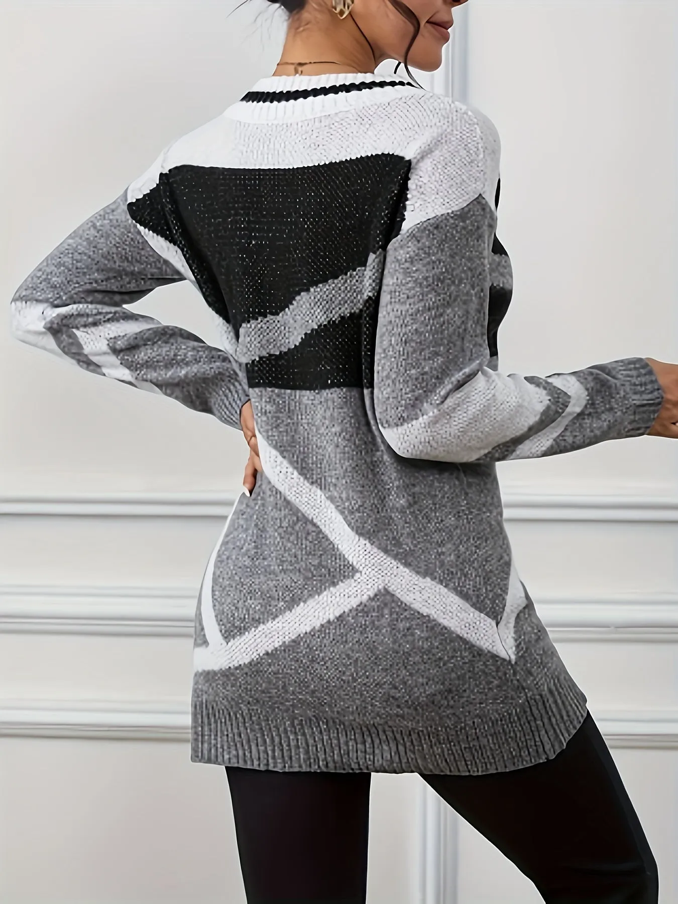 Vibrant Geo Print Color Block Long Sleeve Sweater - Pullovers - Stylish V Neck, Versatile, Soft, and Cozy for Spring & Fall, Women's Fashion Clothing for Everyday Wear