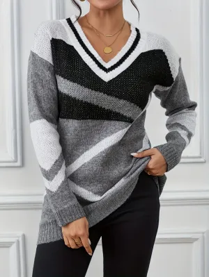 Vibrant Geo Print Color Block Long Sleeve Sweater - Pullovers - Stylish V Neck, Versatile, Soft, and Cozy for Spring & Fall, Women's Fashion Clothing for Everyday Wear