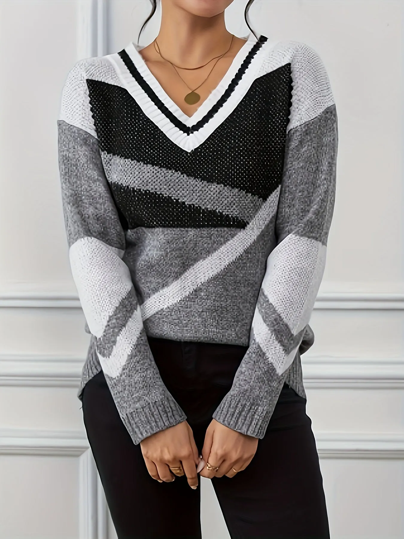 Vibrant Geo Print Color Block Long Sleeve Sweater - Pullovers - Stylish V Neck, Versatile, Soft, and Cozy for Spring & Fall, Women's Fashion Clothing for Everyday Wear