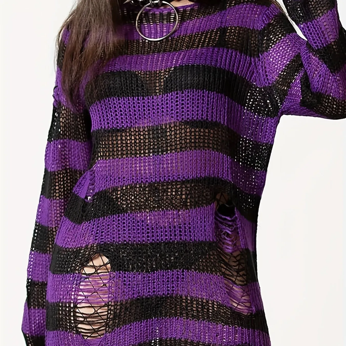 Women's Color Block Crew Neck Sweater - Casual, Eyelet, Long Sleeve, Spring and Fall Essential, Soft and Cozy Knitwear for Everyday Wear