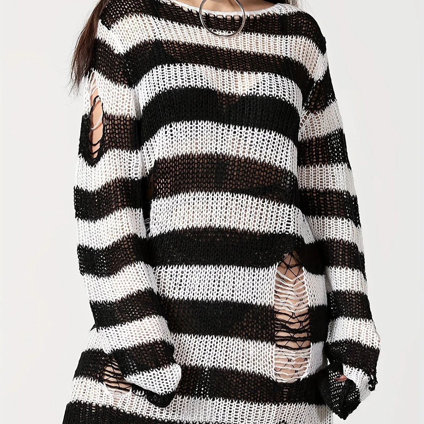 Women's Color Block Crew Neck Sweater - Casual, Eyelet, Long Sleeve, Spring and Fall Essential, Soft and Cozy Knitwear for Everyday Wear