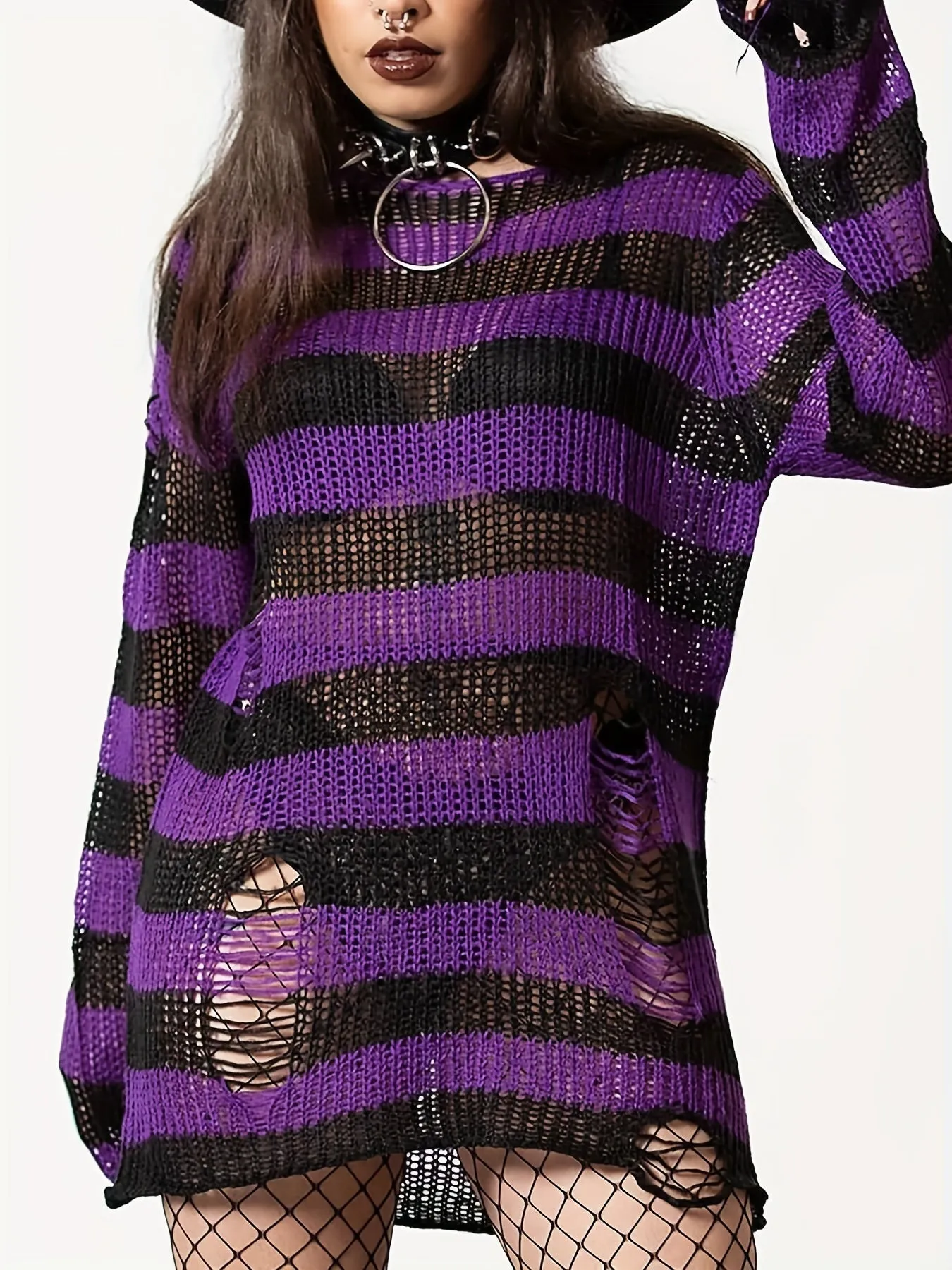 Women's Color Block Crew Neck Sweater - Casual, Eyelet, Long Sleeve, Spring and Fall Essential, Soft and Cozy Knitwear for Everyday Wear