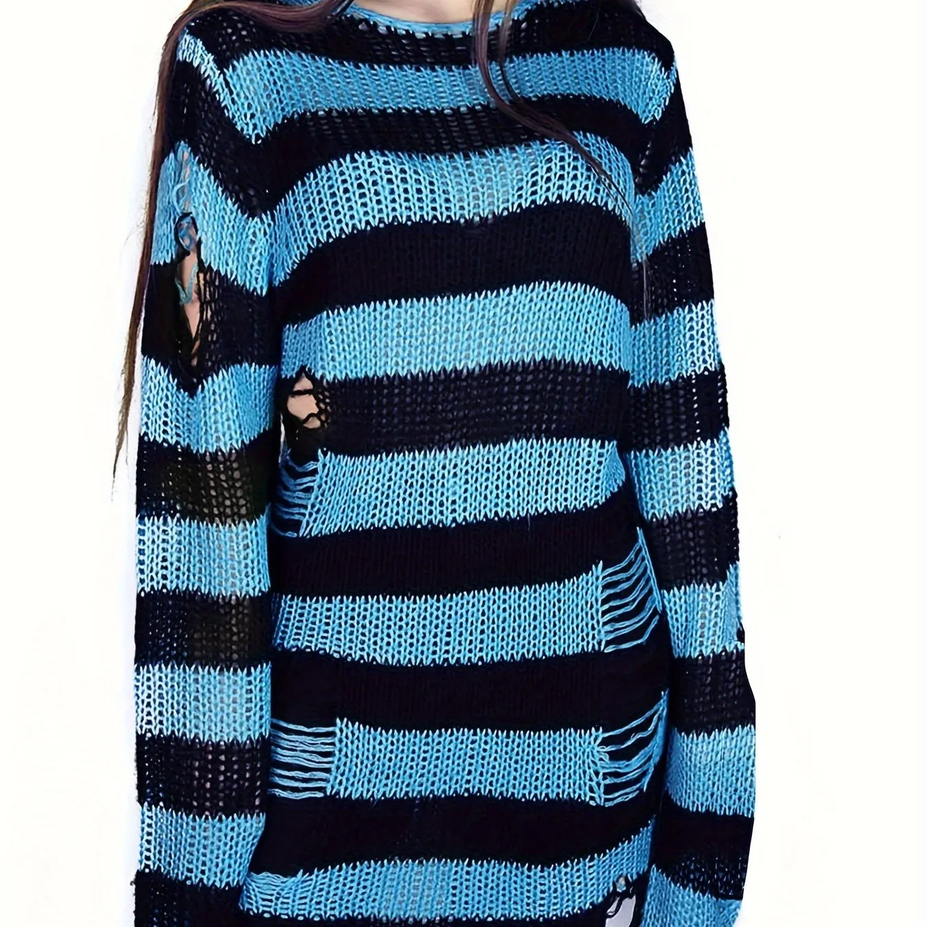 Women's Color Block Crew Neck Sweater - Casual, Eyelet, Long Sleeve, Spring and Fall Essential, Soft and Cozy Knitwear for Everyday Wear